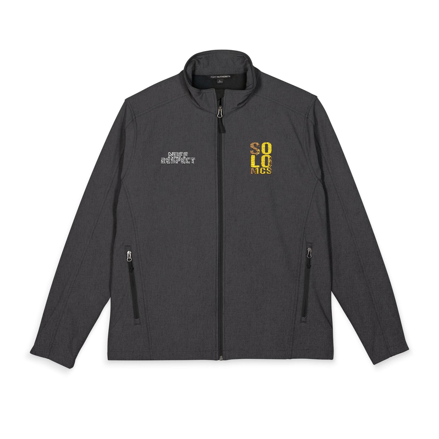 Collab Studio - Solo MCs \ Port Authorrity® Soft Shell Jacket Black Charcoal Heather - str8 off the streets of Muthaphukkin Radford - Hip-Hop Biker Gear - exclusive designs by SoloMCs.com