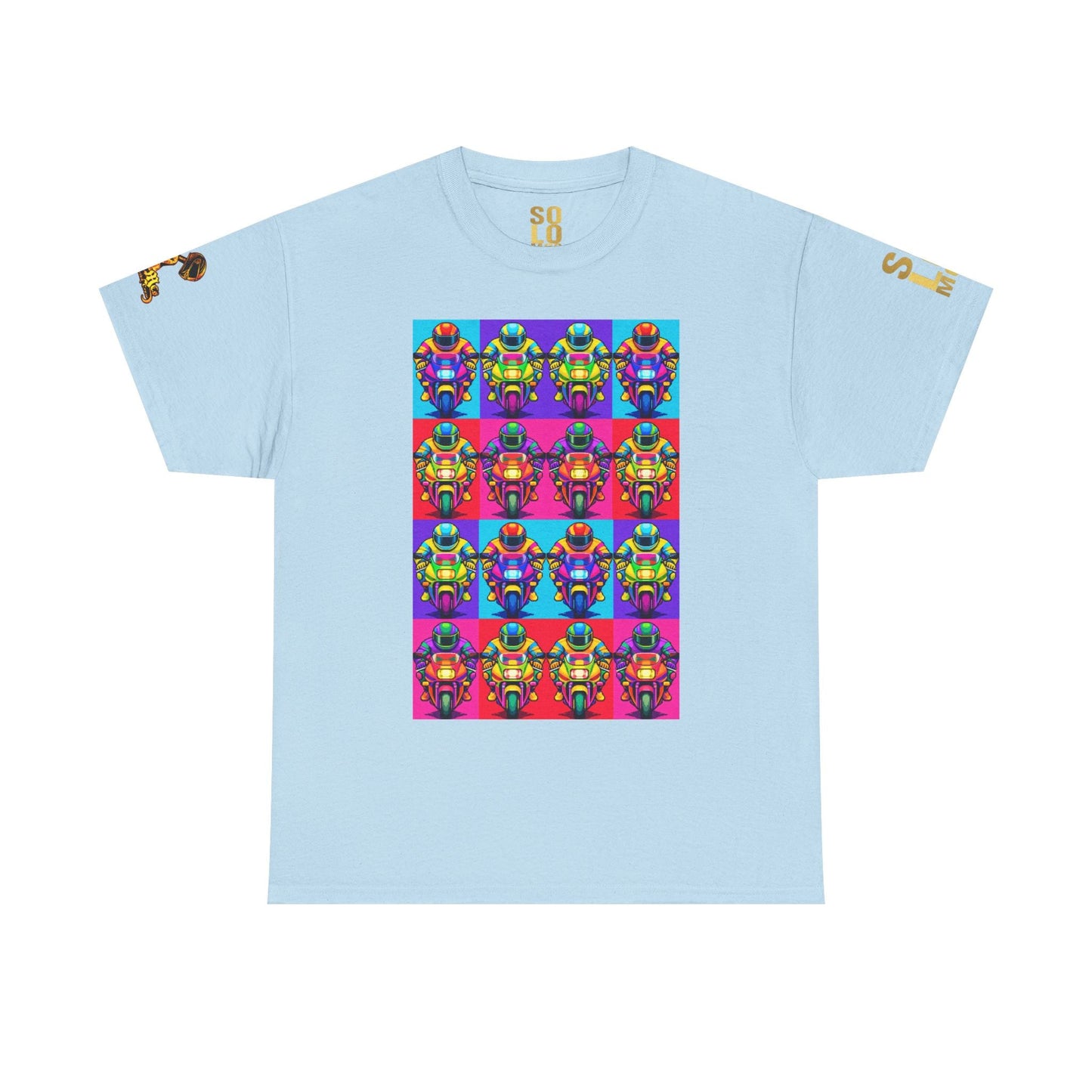 Solo MCs Neon Pop Art T-Shirt Light Blue - str8 off the streets of Muthaphukkin Radford - Hip-Hop Biker Gear - exclusive designs by SoloMCs.com