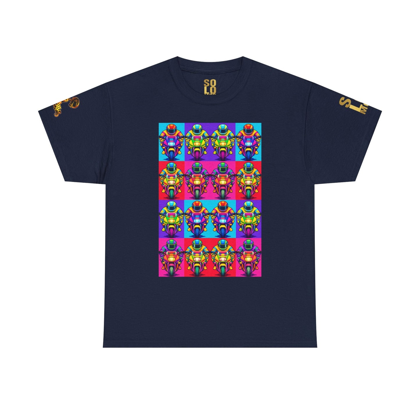 Solo MCs Neon Pop Art T-Shirt Navy - str8 off the streets of Muthaphukkin Radford - Hip-Hop Biker Gear - exclusive designs by SoloMCs.com
