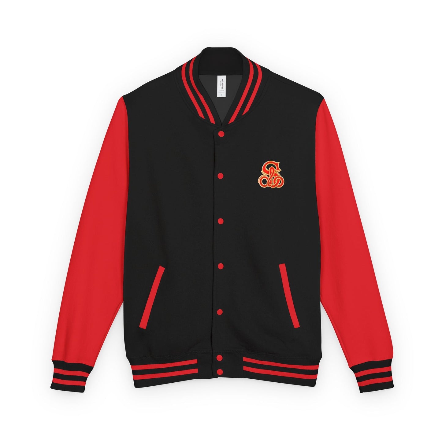 Solo MCs Varsity Jacket Unisex Jet Black Fire Red - str8 off the streets of Muthaphukkin Radford - Hip-Hop Biker Gear - exclusive designs by SoloMCs.com